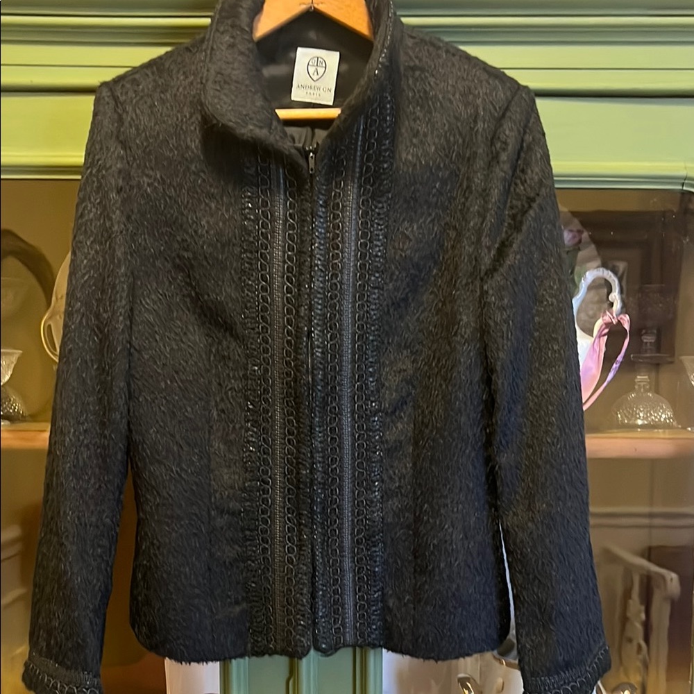 Andrew GN Paris Designer Black Alpaca Jacket with Intricate Leather Trim